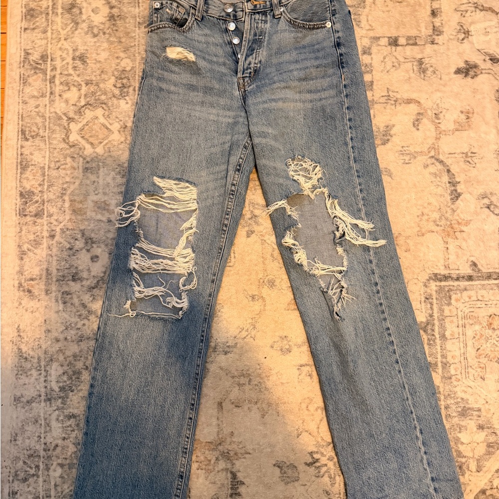 Aeropostale Ripped Straight Leg Jeans - Light Blue